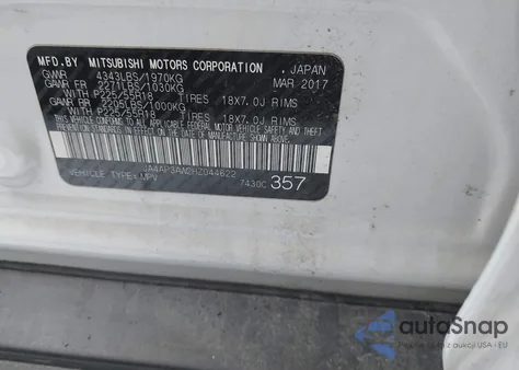 2017 Mitsubishi Outlander Sport 2.4 Se z USA, uszkodzony, nr VIN JA4AP3AW2HZ044622